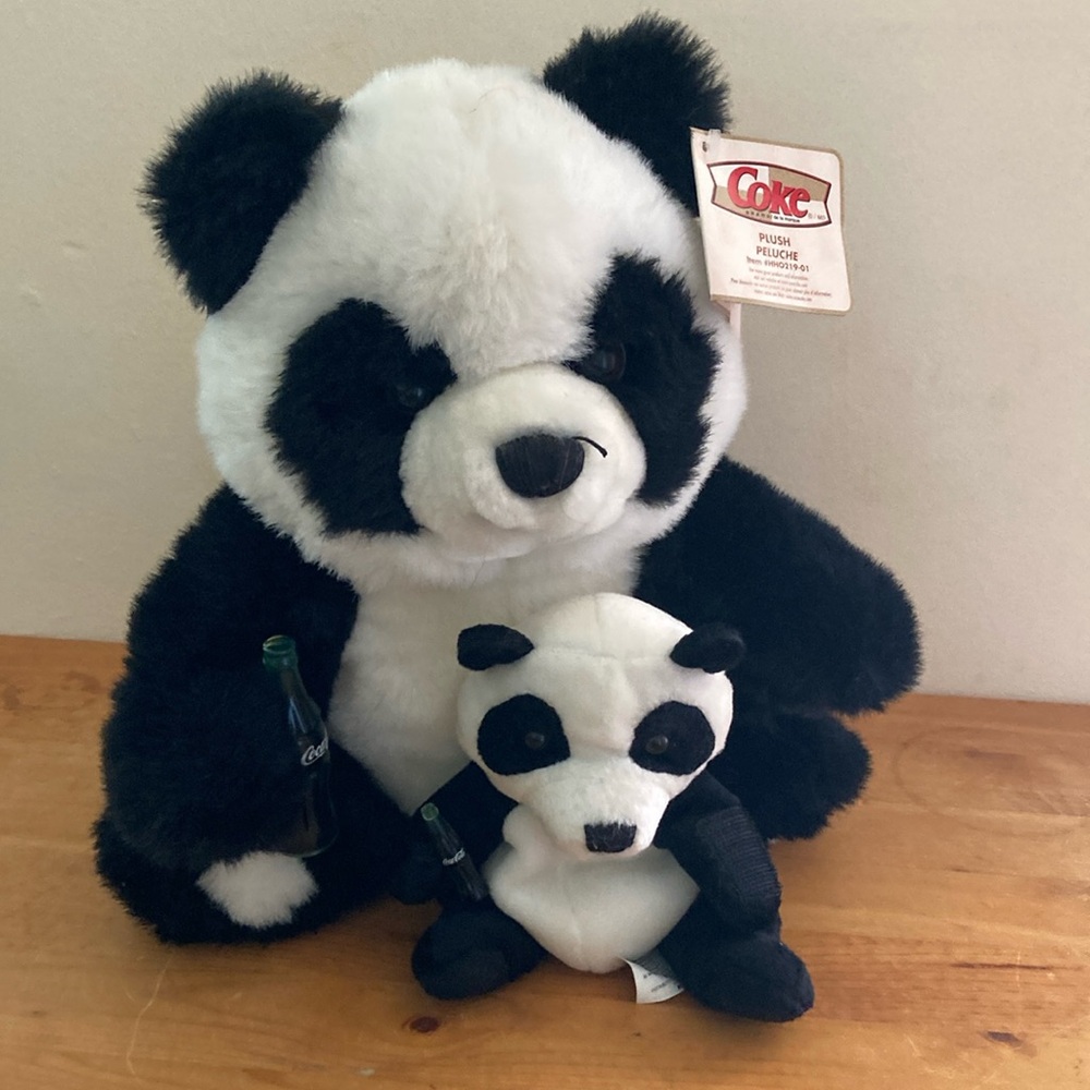 Vintage Cocoa Cola Panda Bear with Baby 12 inches tall.